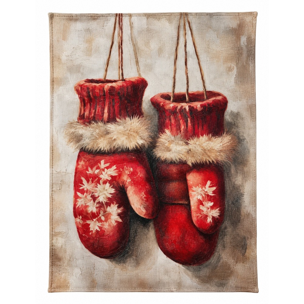 Christmas Mittens Wall Tapestry Red Winter Holiday Decor Textile Art One Size